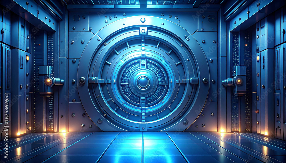 Obraz premium Secure Citadel: A grand, futuristic vault door, bathed in a cool blue light, exudes an aura of impregnability, security, and cutting-edge technology. Metallic textures gleam.