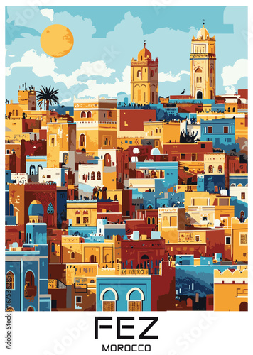 Cityscape of Fez, Morocco vector illustration