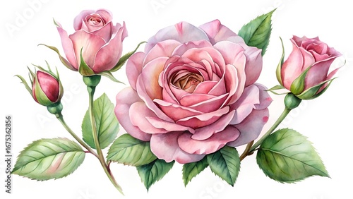 Watercolor pink rose arrangement with buds and leaves on white background