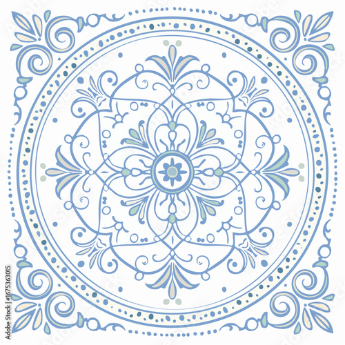 Italian blue ceramic tile pattern. Doodle sketch ink. Mediterranean porcelain pottery. Minimalist vector line art.