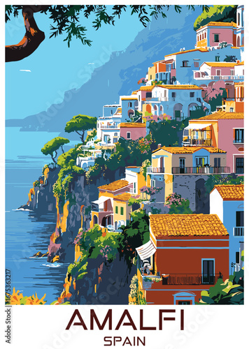 Colorful vector illustration of the town of Amalfi, Spain