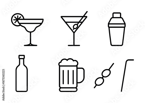 Minimalist drink icons set: cocktails, shaker, beer, and bottle