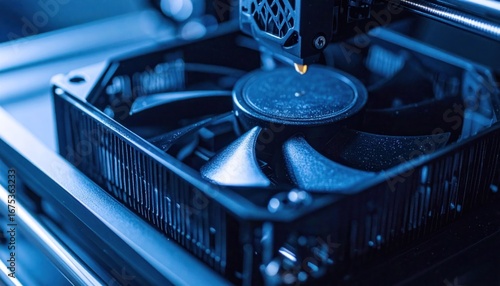 3D Printer Head Printing Close Up with Technology Background.