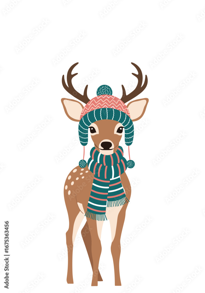 Fototapeta premium Whimsical woodland creature wearing a cozy winter hat and scarf with antlers standing in a snowy forest