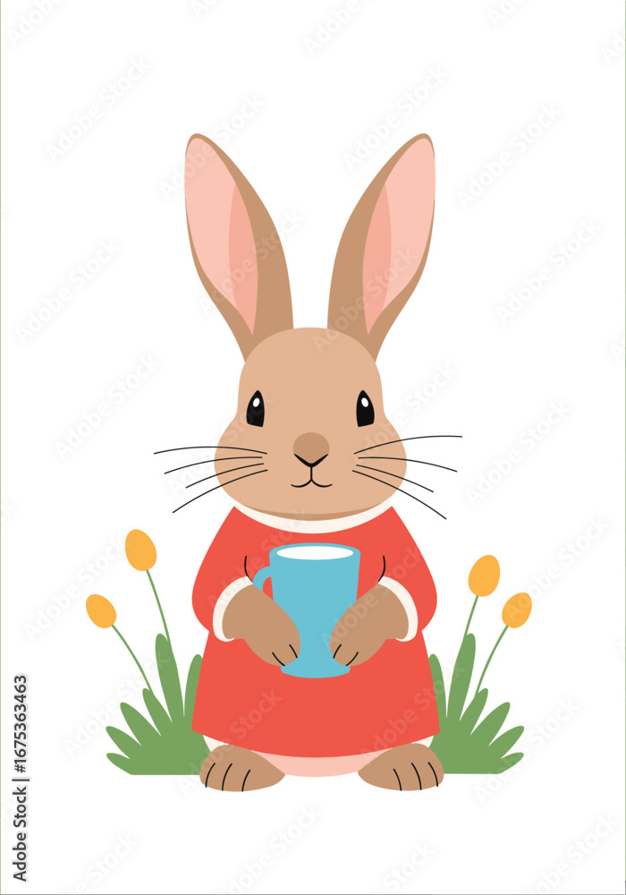 Obraz premium Charming rabbit holding a blue cup amidst yellow flowers and green grass
