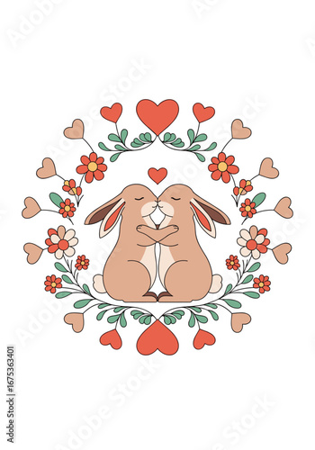 Charming illustration of two bunnies sharing a sweet kiss surrounded by a garland of hearts and flowers