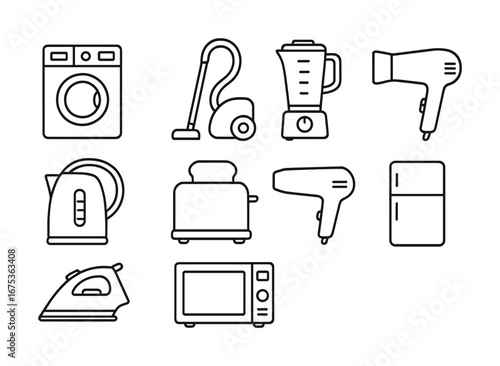 Vector icons of household appliances: washer, vacuum, blender, toaster, kettle, microwave, refrigerator
