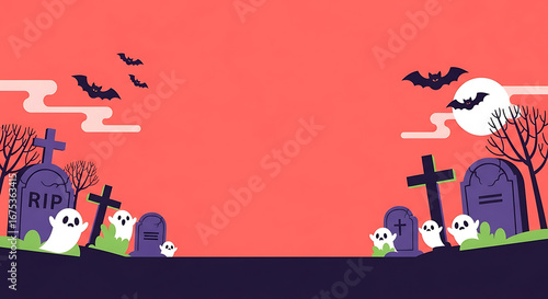 A Cartoonish Halloween Scene with Graveyard, Ghosts, Bats, and a Full Moon