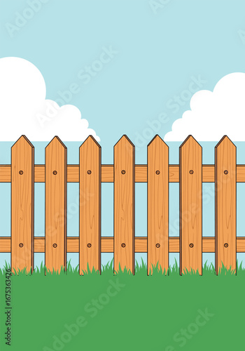 A charming wooden picket fence borders a lush green lawn under a bright blue sky with fluffy white clouds a perfect representation of suburban tranquility and outdoor relaxation