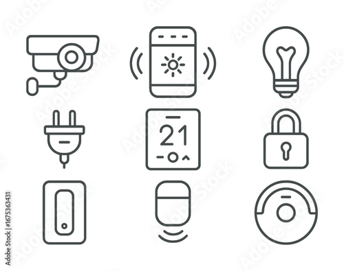 Smart home devices illustration featuring camera, thermostat, and lighting controls