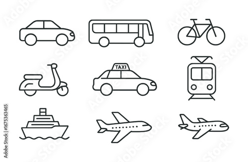 Outline icons of transportation modes: car, taxi, bicycle, bus, scooter, train, ship, airplane
