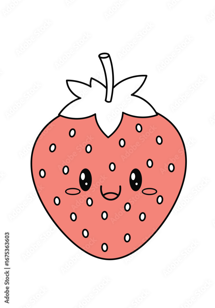Obraz premium Adorable kawaii strawberry character with cute happy face and red berries sweet and juicy fruit food design illustration vector