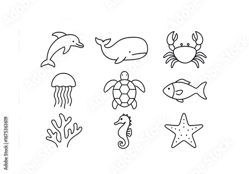 Black and white sea creatures collection: dolphin, whale, crab, jellyfish, turtle, fish, coral, seahorse, starfish