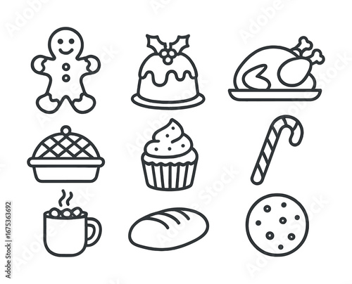 Holiday treats and festive foods illustrated icon set