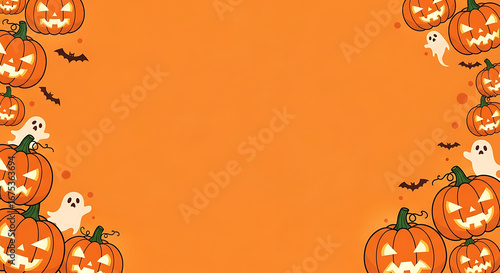 Festive halloween themed cartoon border featuring spooky pumpkins and friendly