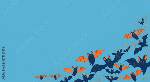 Whimsical halloween background with cartoon bats on a soft sky blue tone