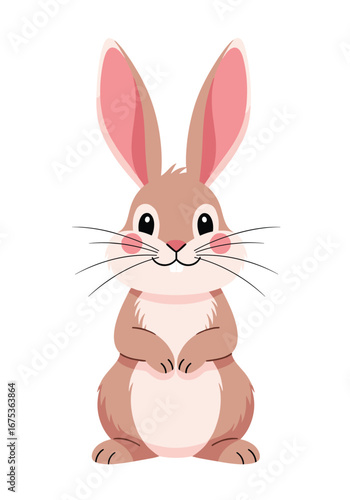Adorable illustration of a cute brown bunny rabbit with big pink ears and whiskers smiling sweetly an innocent springtime animal character for children's books and easter themes