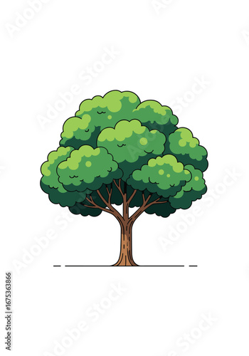 A vibrant pixelated green tree with lush foliage standing tall against a white background