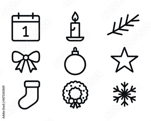 Christmas icons: calendar, candle, branch, bow, ornament, star, stocking, wreath, snowflake