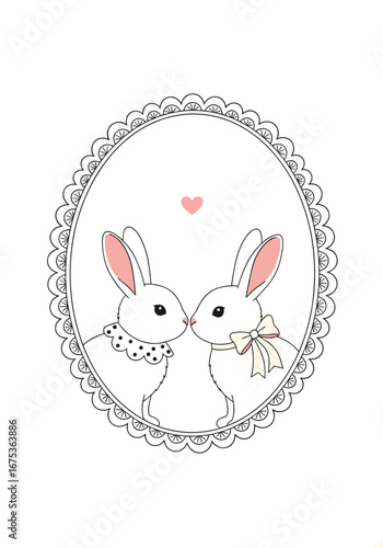 Charming romantic kissing bunnies adorned with lace and bow for a whimsical love story celebration