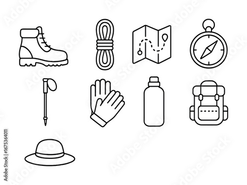 Line art icons of hiking gear: boots, rope, map, compass, and backpack essentials