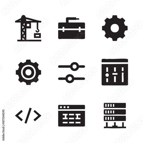 Monochrome glyph icon set for software development, engineering, and user interface configuration