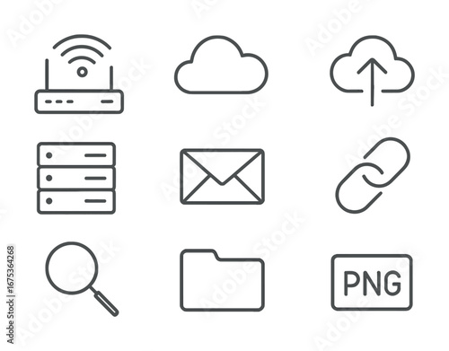 Minimalist icon set: wifi, cloud, server, email, link, search, folder, png