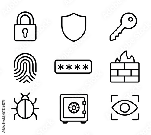 Cybersecurity icon set: lock, shield, key, fingerprint, password, firewall, bug, safe, eye