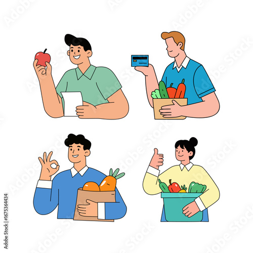 Happy shoppers with groceries and payment methods