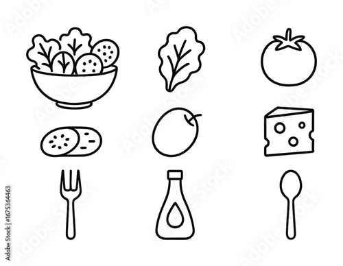 Outline icons of salad ingredients and utensils including cheese, tomatoes, and dressing