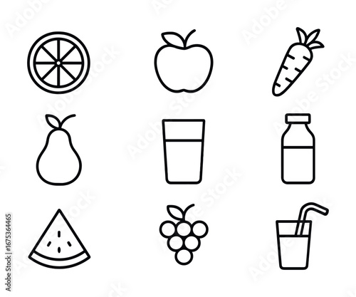 Outline icons of fruits, vegetables and drinks: orange, apple, carrot, pear, watermelon, grapes, juice, milk