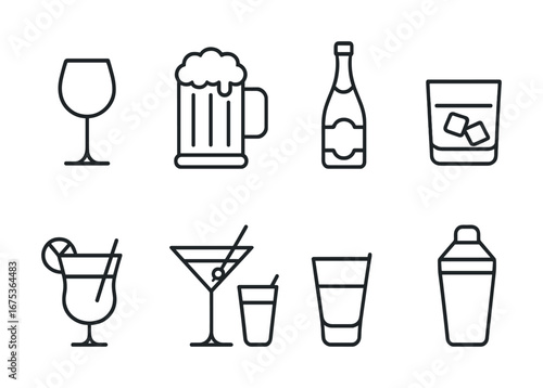 Outline icons of various beverage glasses and alcohol bottles