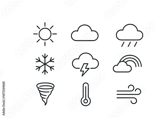 Weather icons set: sun, clouds, snowflake, storm, rainbow, tornado, thermometer, wind