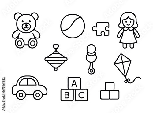 Collection of classic children's toys and games in iconic line art style