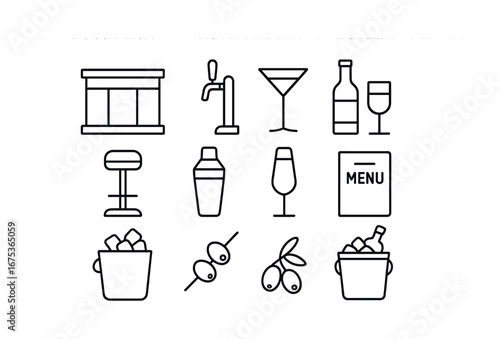 Bar icon set featuring drinkware, cocktail tools, and beverage symbols