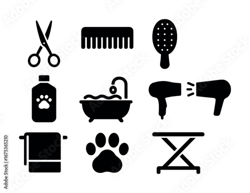 Pet grooming tools set: scissors, comb, brush, shampoo, bathtub, dryer, towel, paw print, table