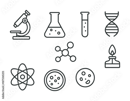 Science lab equipment illustrations: microscope, beaker, test tube, dna strand, atom, petri dish, bunsen burner