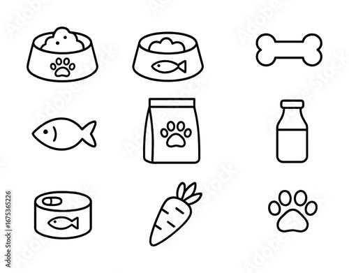 Pet icons: food, fish, bone, milk, carrot, paw print designs