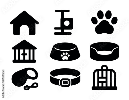 Pet accessories icons: house, scratching post, paw print, cage, bowl, bed, leash, collar