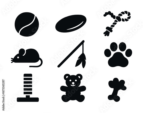 Silhouettes of assorted pet toys including ball and mouse icons