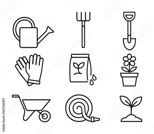 Gardening tools and plant icons: watering can, rake, shovel, gloves, seeds, flower pot, wheelbarrow, hose, seedling