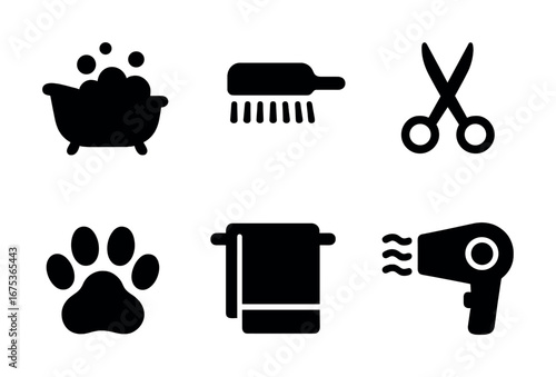 Pet grooming icons: bath, brush, scissors, paw, towel, dryer