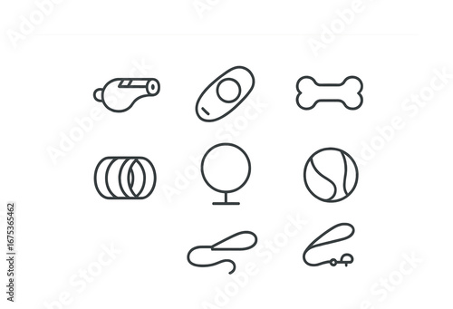 Outline icons of dog items including whistle, bone, ball, and leash