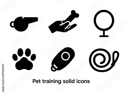 Pet training icons: whistle, treats, mirror, paw, clicker, leash