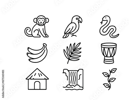 Jungle icons: monkey, parrot, snake, banana, leaf, drum, hut, waterfall, vine