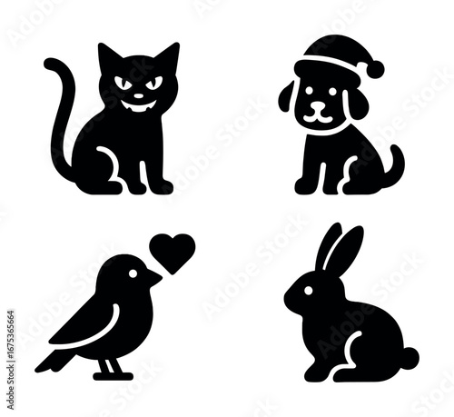 Cute animal silhouettes: cat, dog, bird, rabbit with seasonal accessories