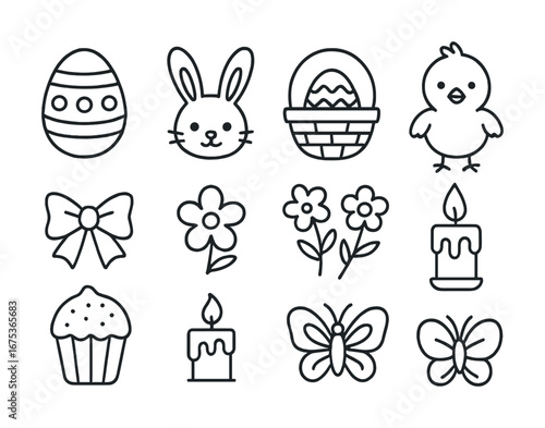 Easter icons: eggs, bunny, basket, chick, flowers, candle, butterfly, cupcake
