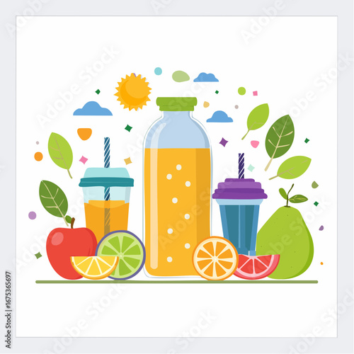 A vibrant flat vector illustration of fresh fruit juices in a bottle and cups, surrounded by colorful fruits like apples, oranges, and limes.