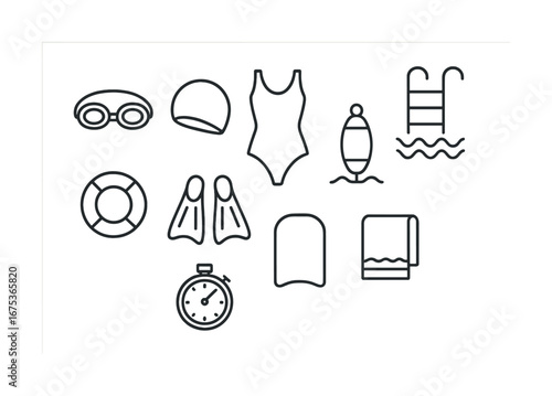 Swimming icon set featuring goggles swimsuit pool flippers stopwatch
