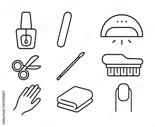Nail care icons: polish, file, uv lamp, scissors, brush, hand, towel, cotton swab